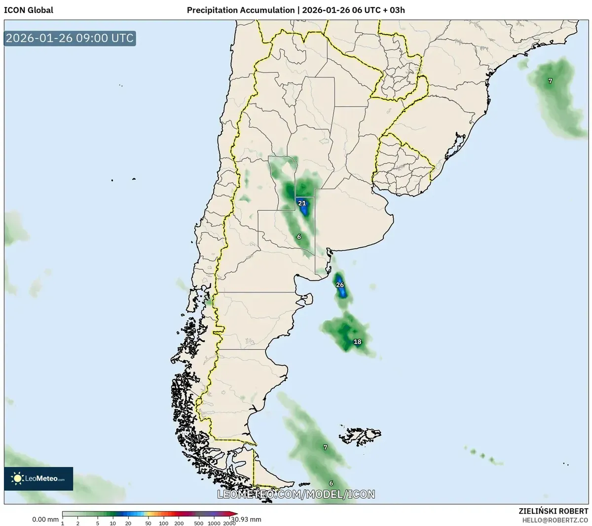 Acumulación de precipitación en el centro de Argentina el 26 de enero de 2026