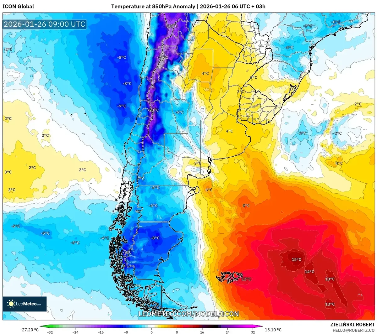 Anomalía de temperatura en la región central el 26 de enero de 2026