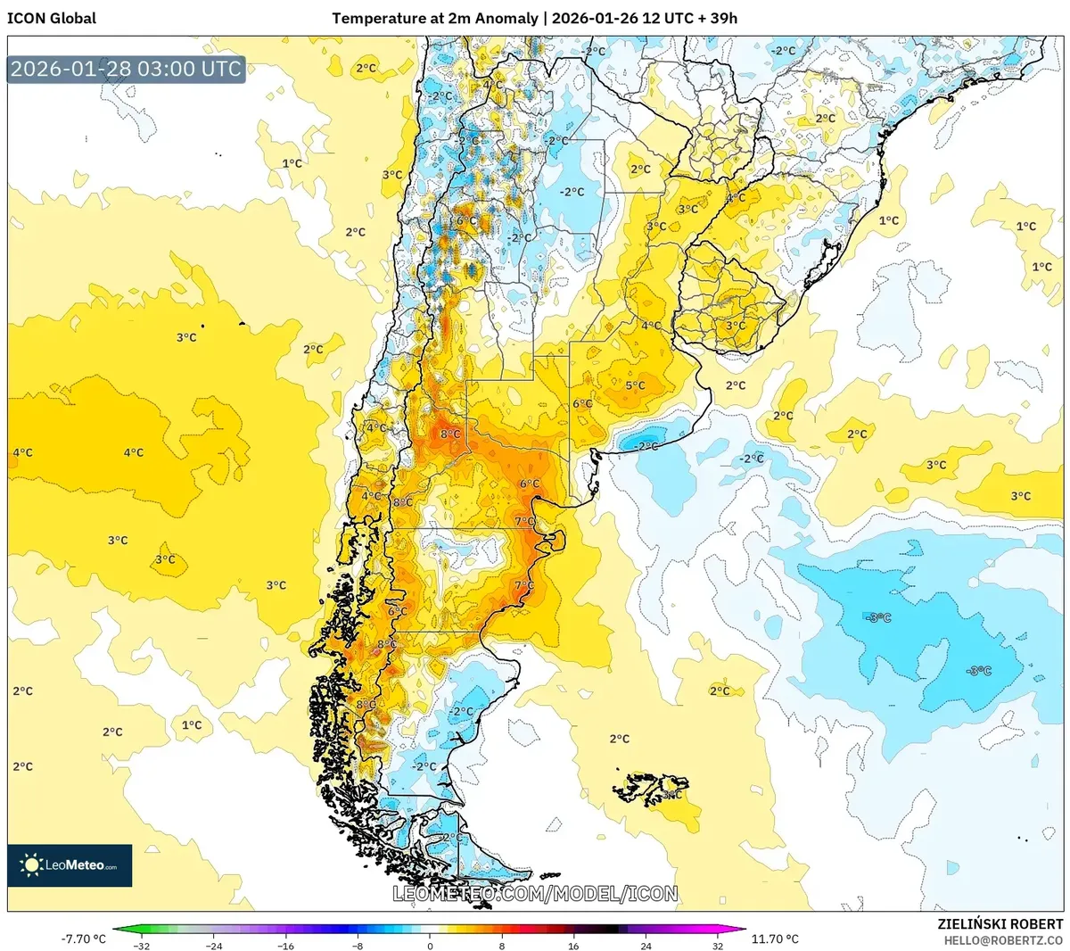 Anomalías de temperatura en el centro de Argentina el 28 de enero de 2026