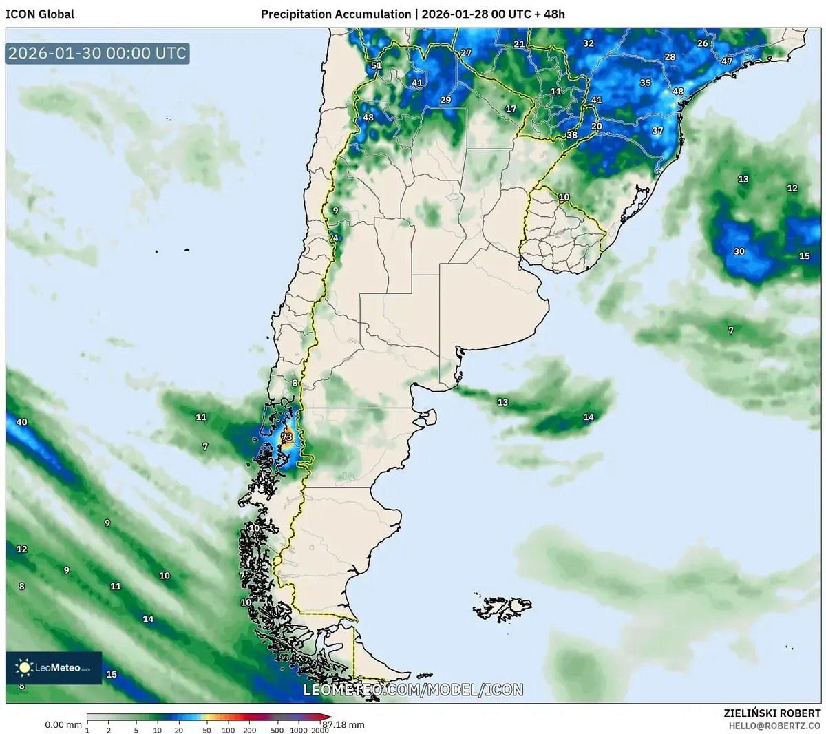 Acumulación de precipitación en el noreste el 29 de enero de 2026