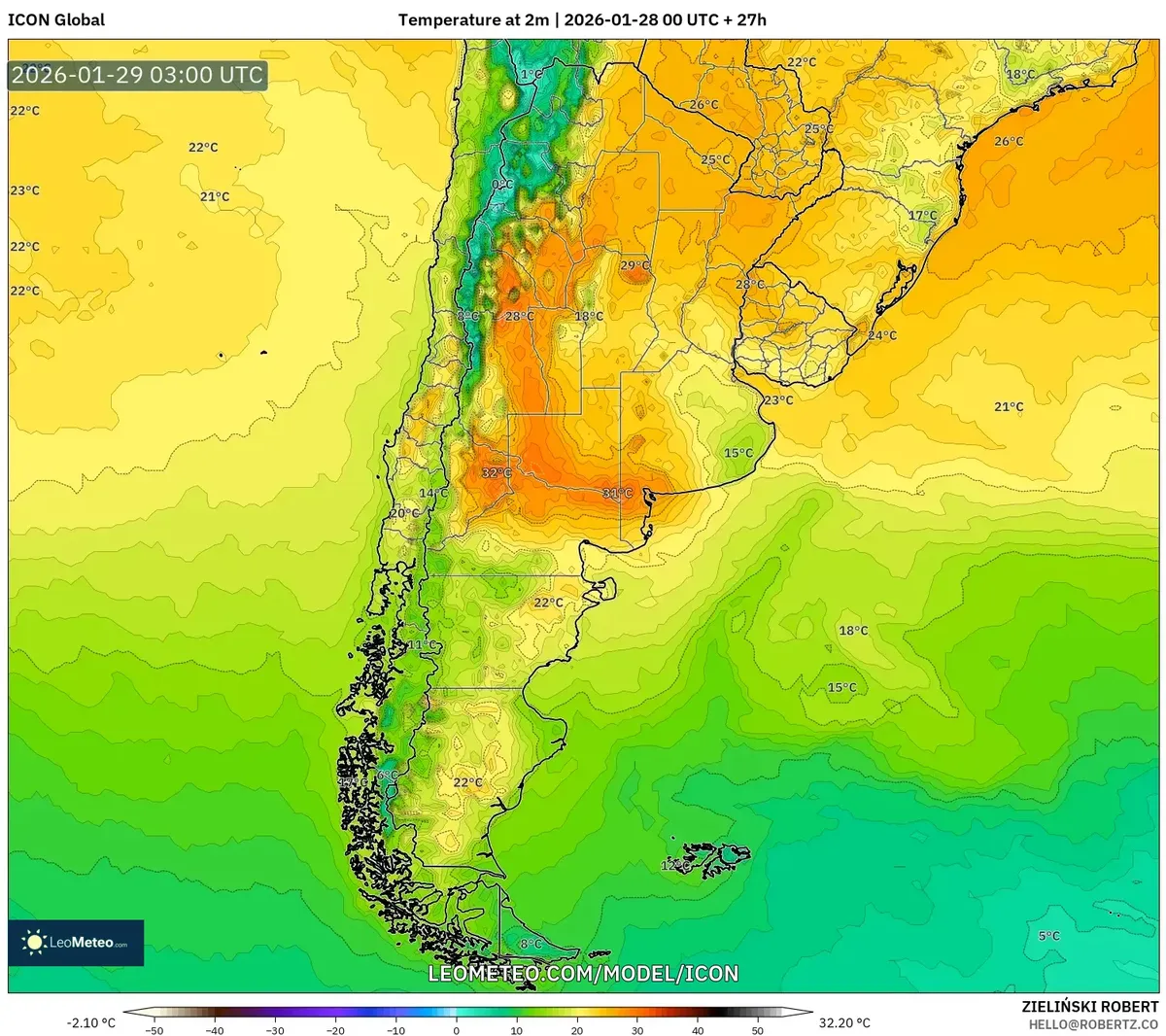 Perspectiva de temperatura en Argentina el 29 de enero de 2026