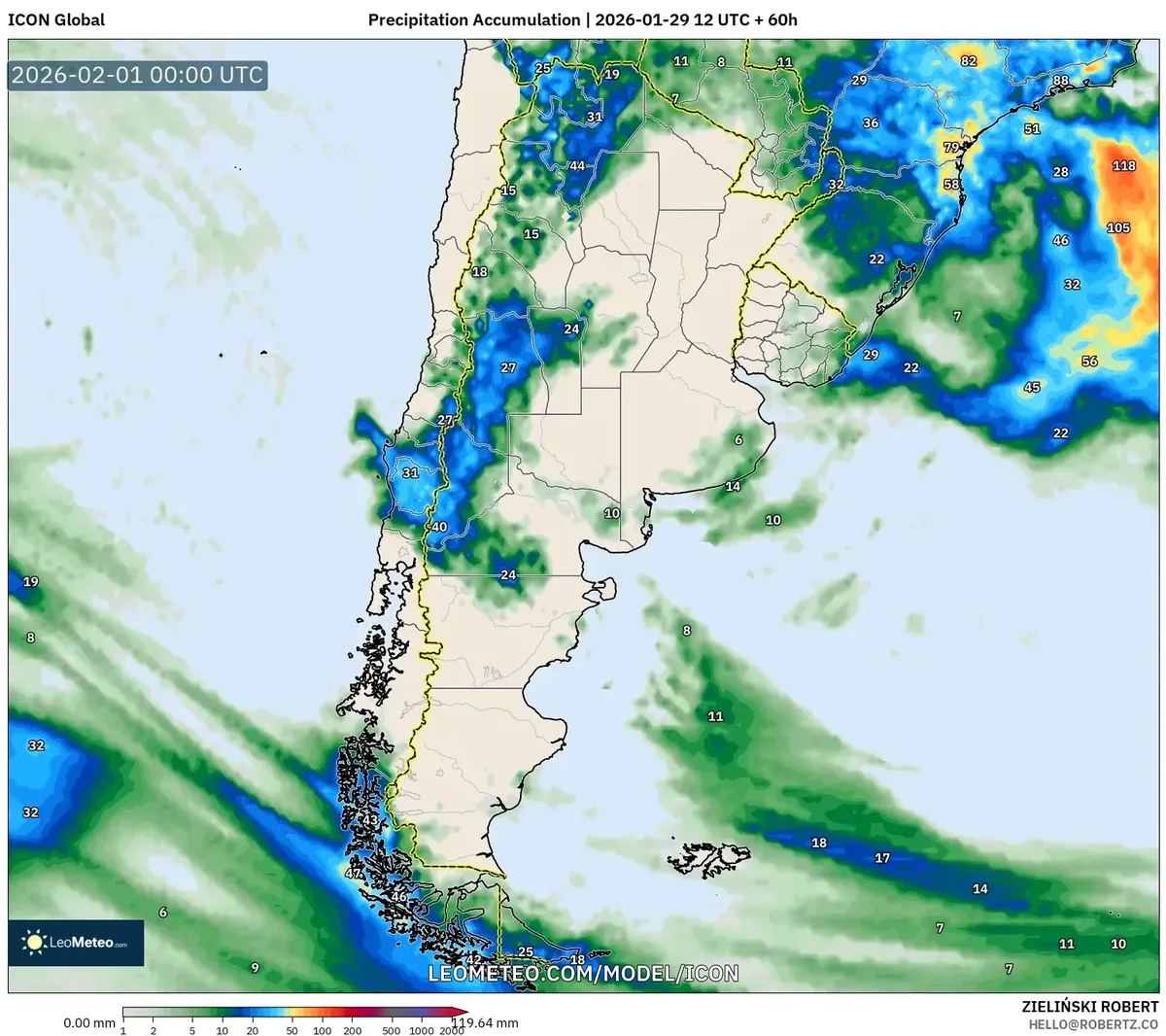Acumulación de precipitación en Mendoza el 31 de enero de 2026