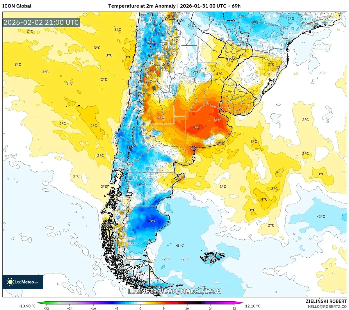 Anomalía de temperatura sobre el norte de Argentina el 2 de febrero de 2026