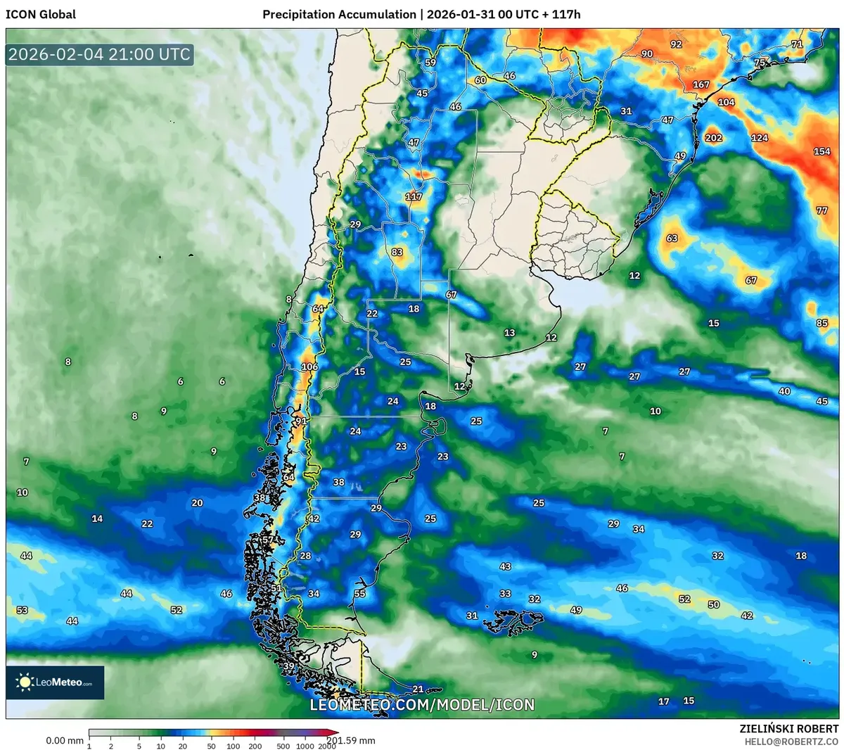 Acumulación de precipitación en la región de Mendoza el 4 de febrero de 2026