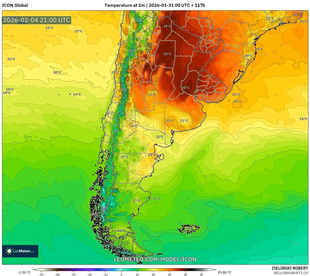 Temperatura máxima en el centro de Argentina el 4 de febrero de 2026