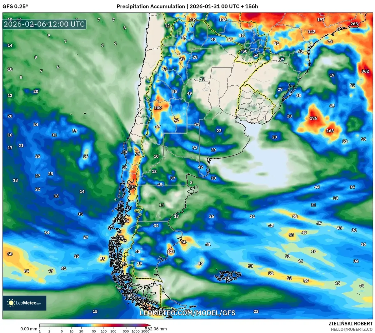 Acumulación de precipitación el 6 de febrero de 2026