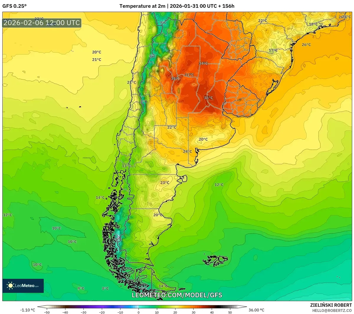 Temperatura a 2 m el 6 de febrero de 2026