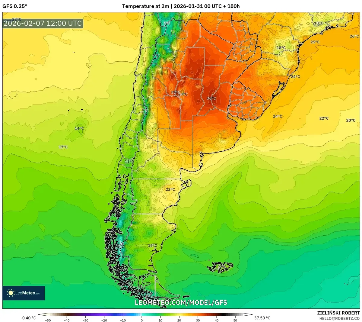 Temperatura máxima en el centro de Argentina el 7 de febrero de 2026