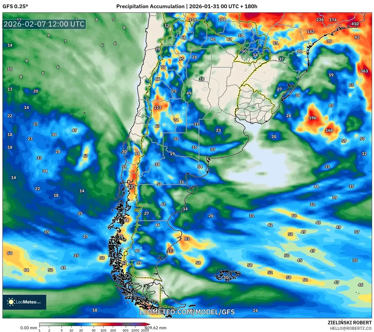 Acumulación de precipitación en las estribaciones andinas el 7 de febrero de 2026