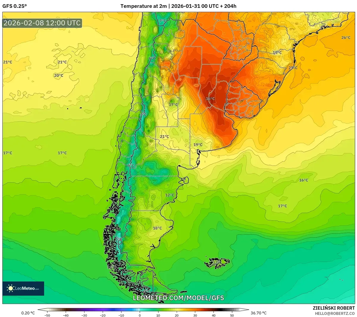 Pronóstico de temperatura máxima el 8 de febrero de 2026
