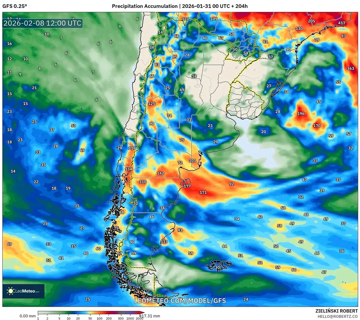 Acumulación de precipitación el 8 de febrero de 2026