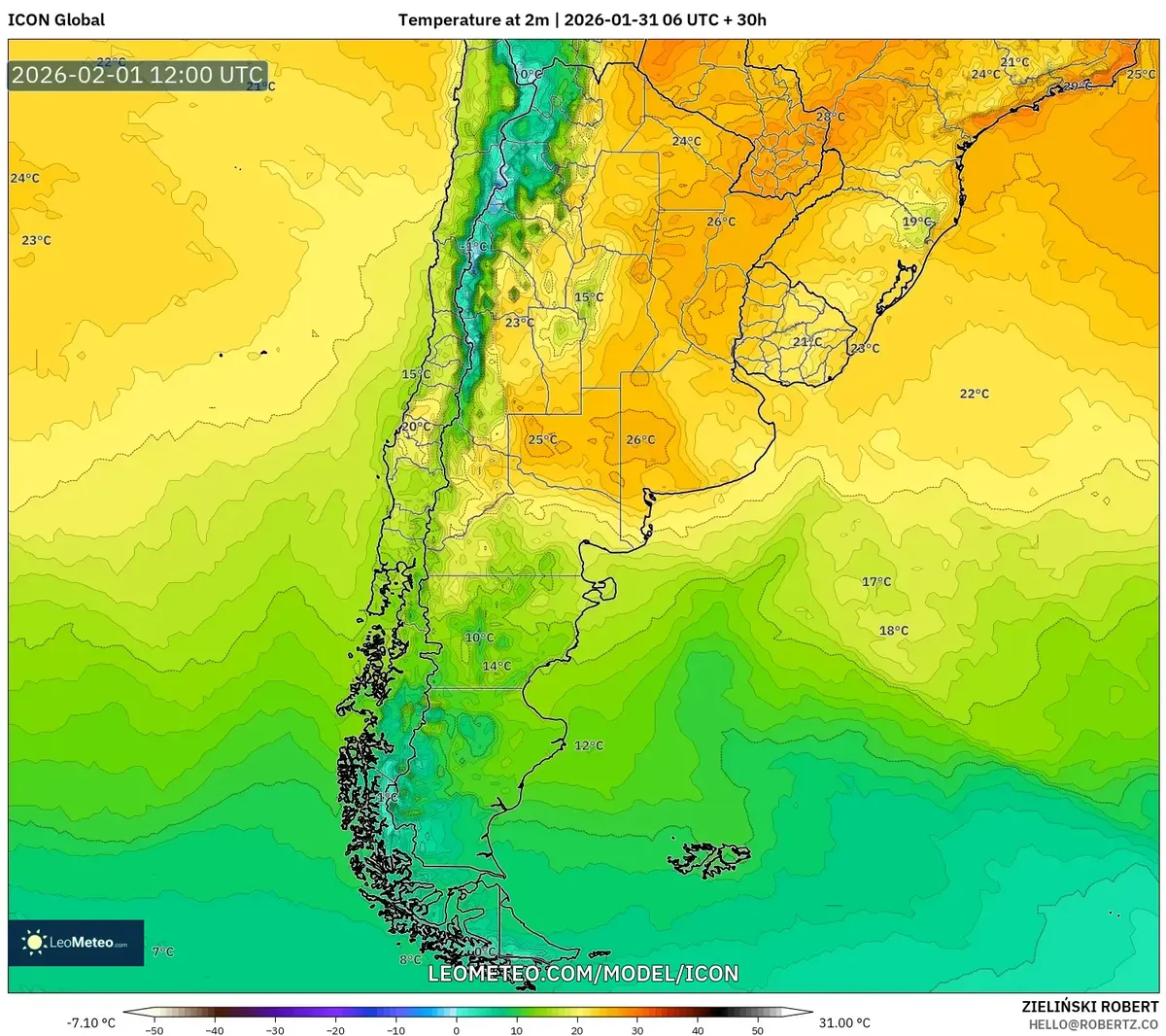 Temperaturas Cálidas en el Centro de Argentina al Mediodía del 1 de febrero de 2026