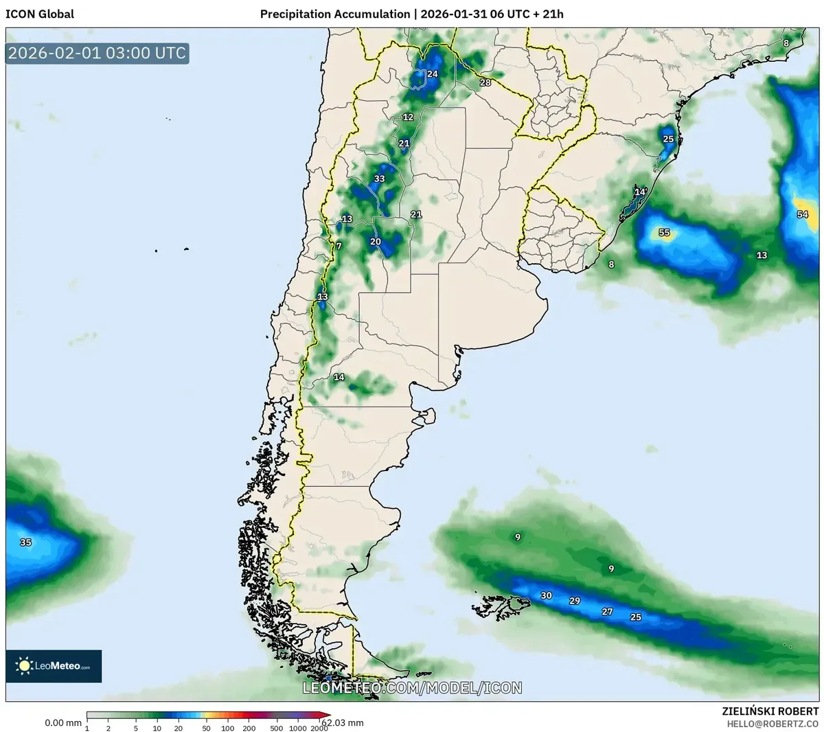 Acumulación de Precipitación en el Noroeste y Sur el 1 de febrero de 2026