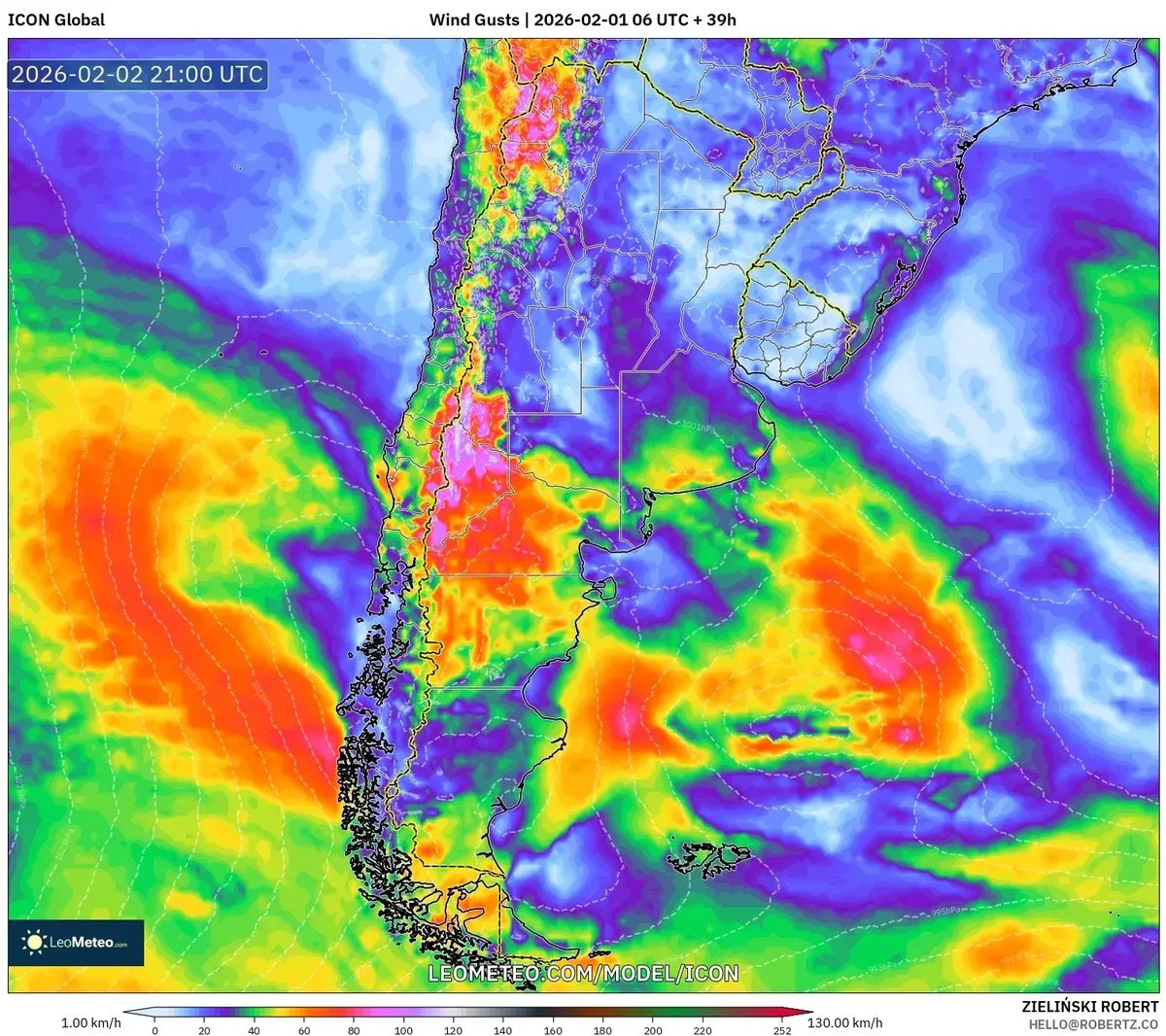 Ráfagas de viento fuertes en el centro de Argentina el 2 de febrero de 2026