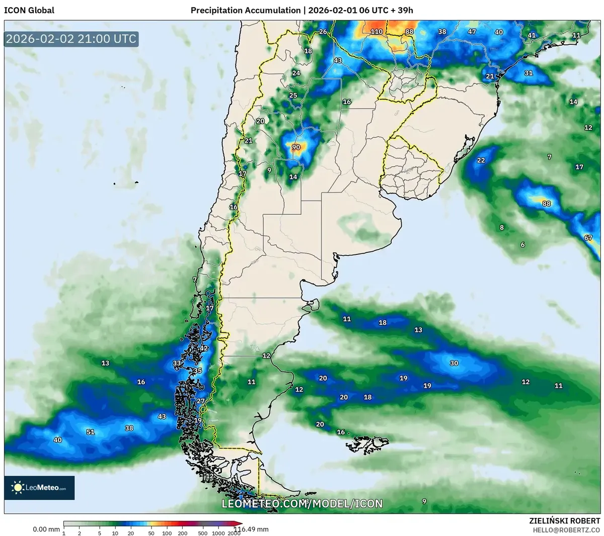 Acumulación de precipitación en el noroeste de Argentina el 2 de febrero de 2026