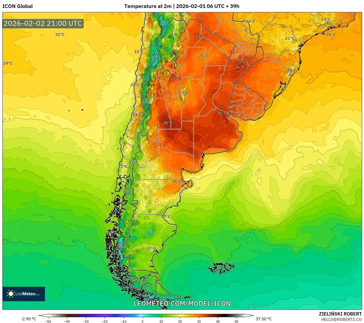 Calor máximo en el centro de Argentina el 2 de febrero de 2026