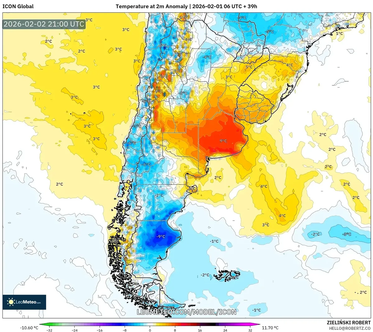 Anomalía de temperatura por encima de lo normal en Argentina el 2 de febrero de 2026
