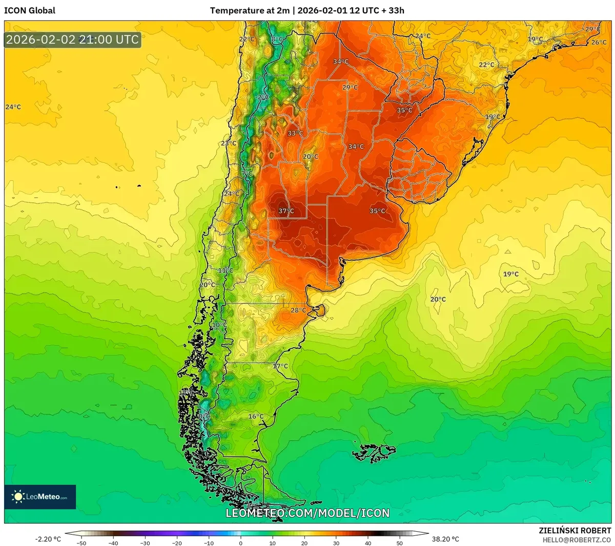 Pico de calor vespertino en la pampa, 2 de febrero de 2026