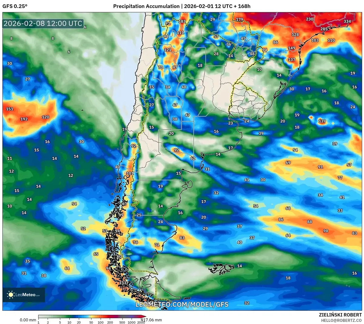 Pronóstico de acumulado de precipitaciones, 8 de febrero de 2026