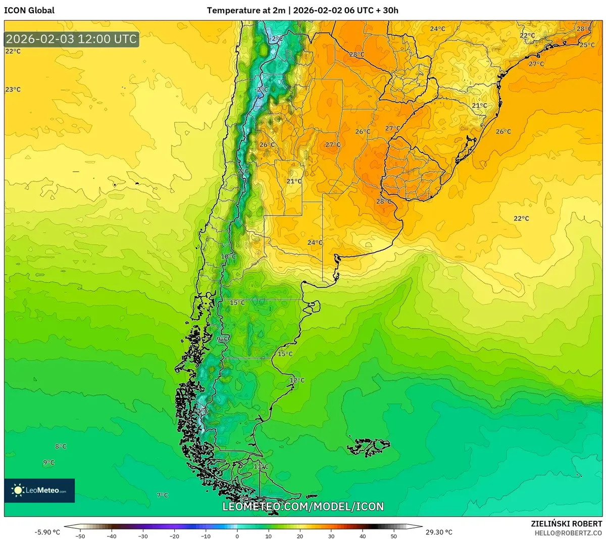 Temperaturas matinales en Argentina el 3 de febrero de 2026 (ICON)