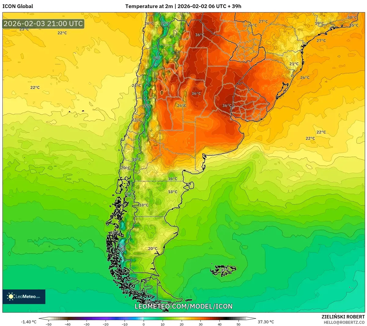 Picos de calor extremo en el centro de Argentina el 3 de febrero de 2026 (ICON)