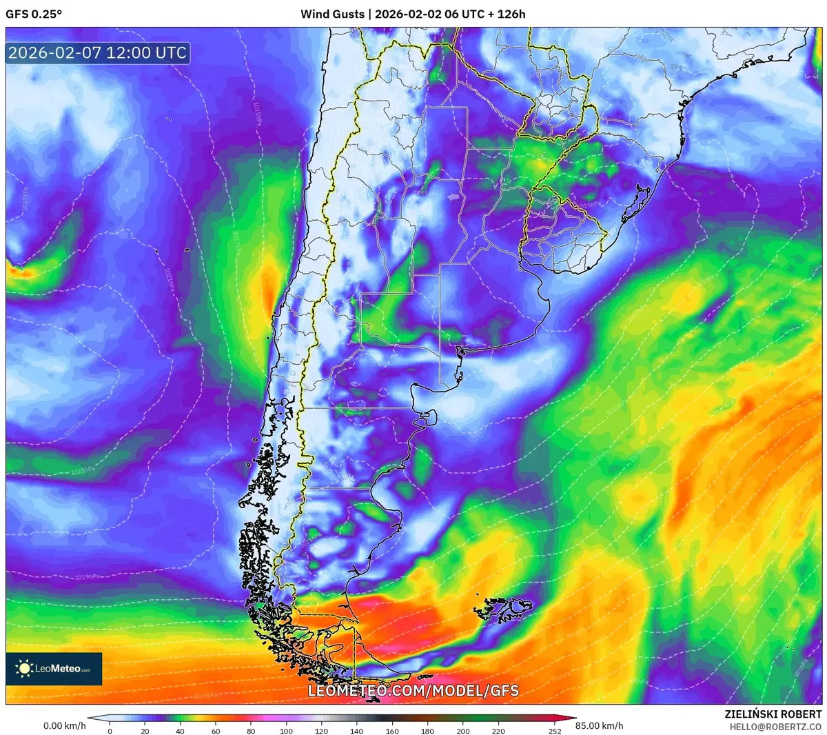 Patrones de ráfagas de viento en Argentina a las 9 de la mañana del 7 de febrero de 2026