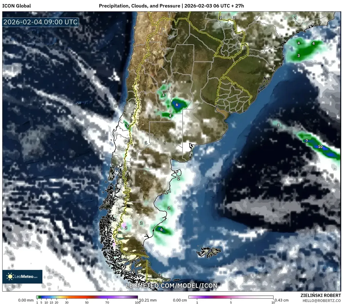 Precipitación, nubosidad, temperatura y presión el 4 de febrero de 2026 (ICON)