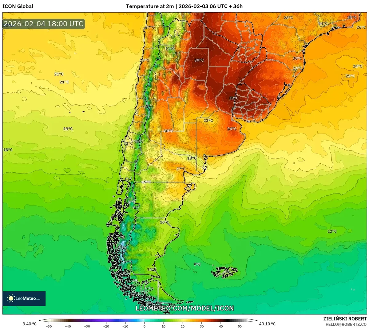 Pico de calor extremo en el centro de Argentina el 4 de febrero de 2026 (ICON)