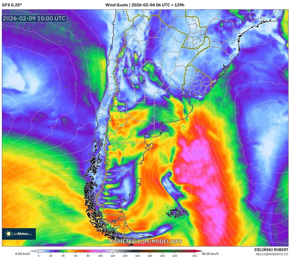 Fuertes vientos del sudoeste en el centro de Argentina el 9 de febrero de 2026
