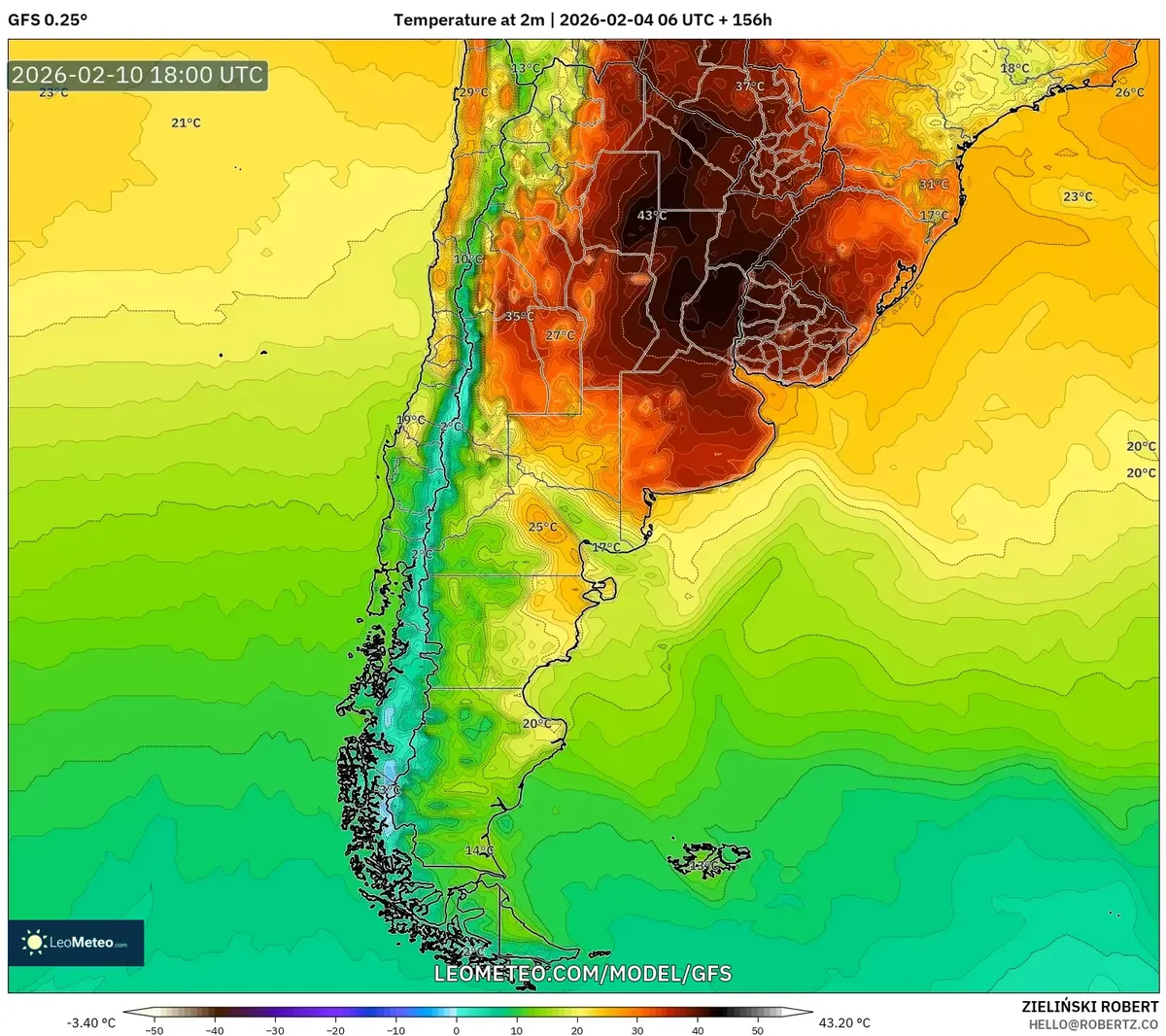 Temperaturas máximas en la llanura central el 10 de febrero de 2026