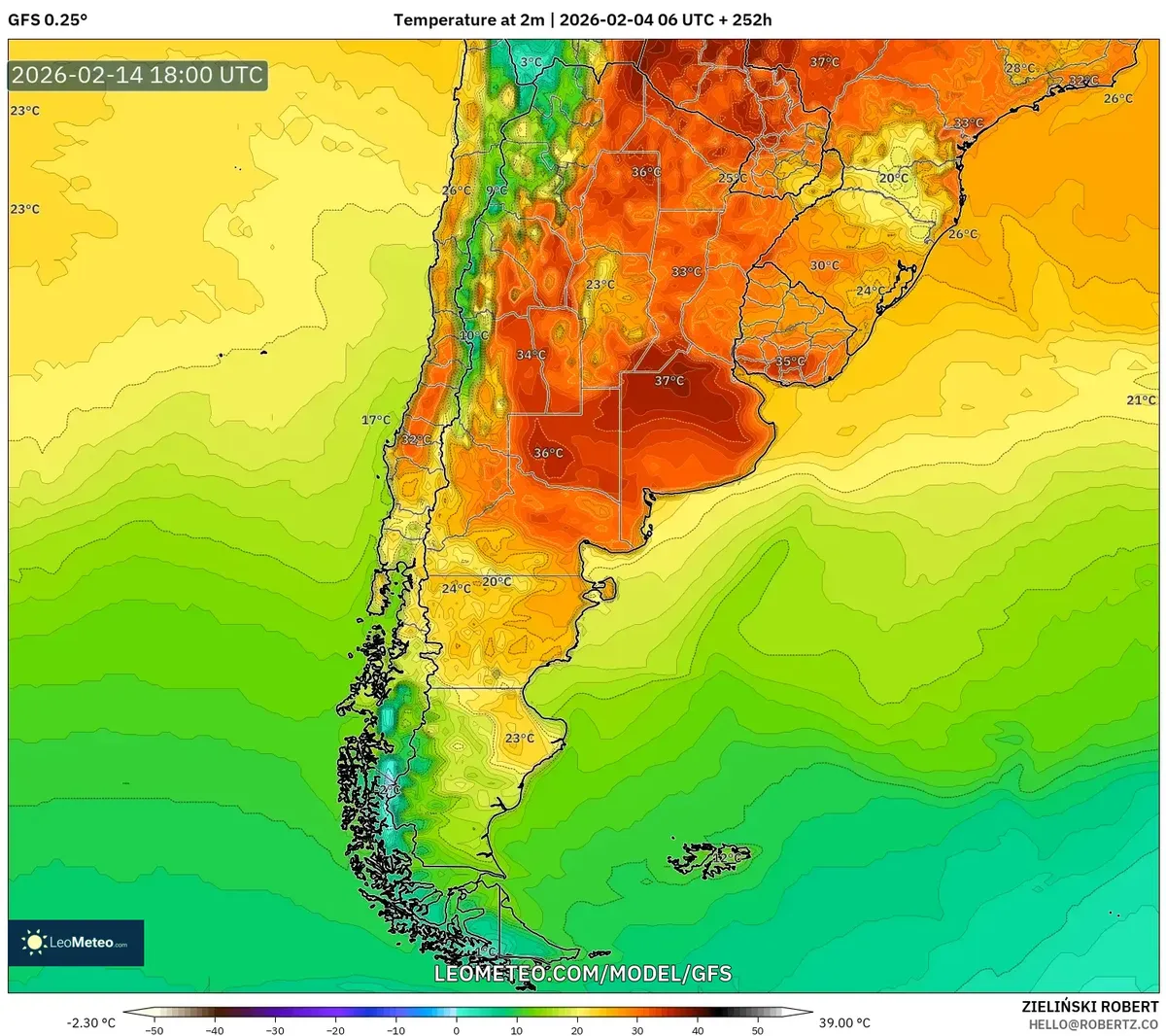 Temperaturas máximas vespertinas en Argentina el 14 de febrero de 2026