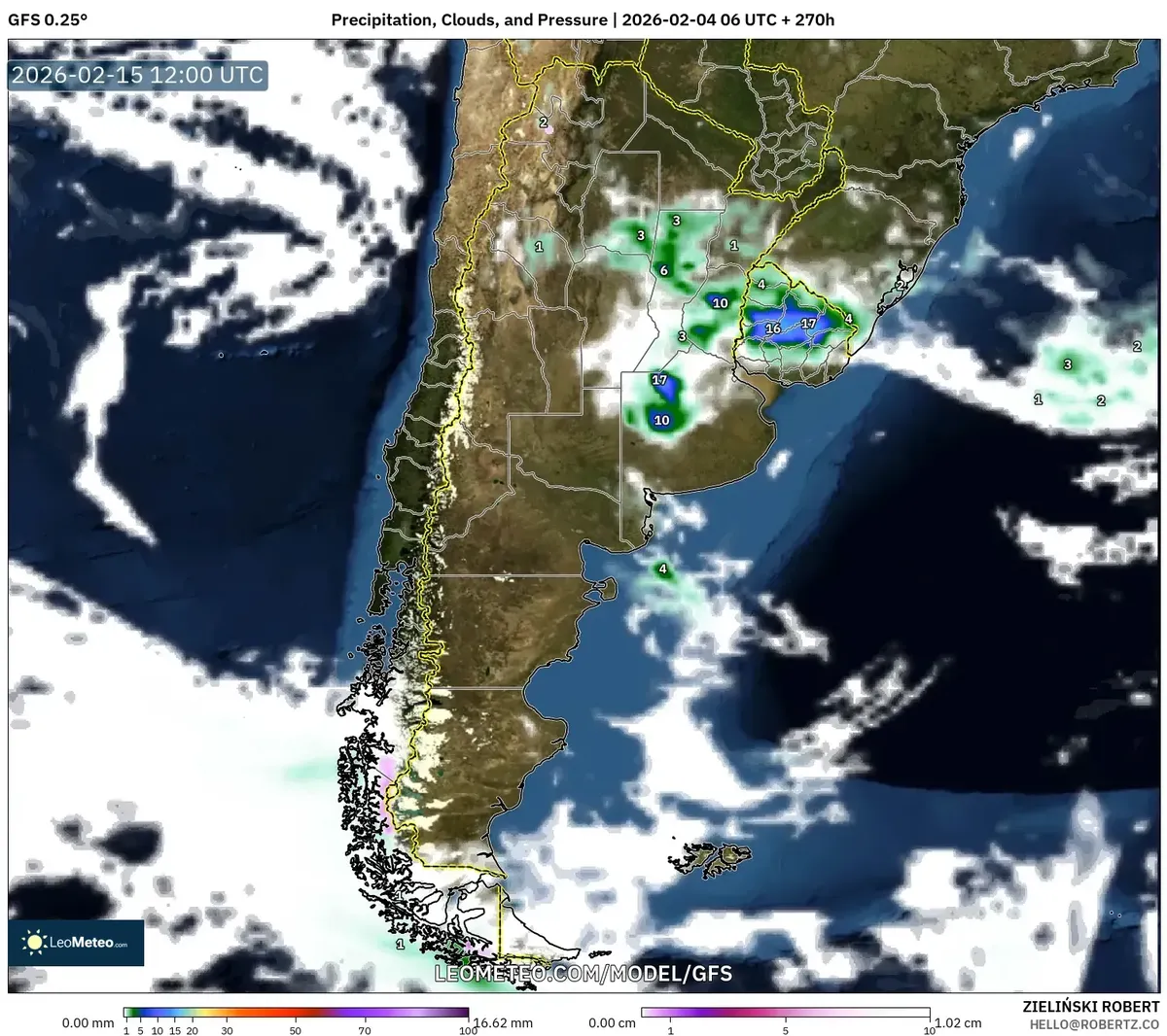 Chaparrones dispersos en el norte de Argentina el 15 de febrero de 2026