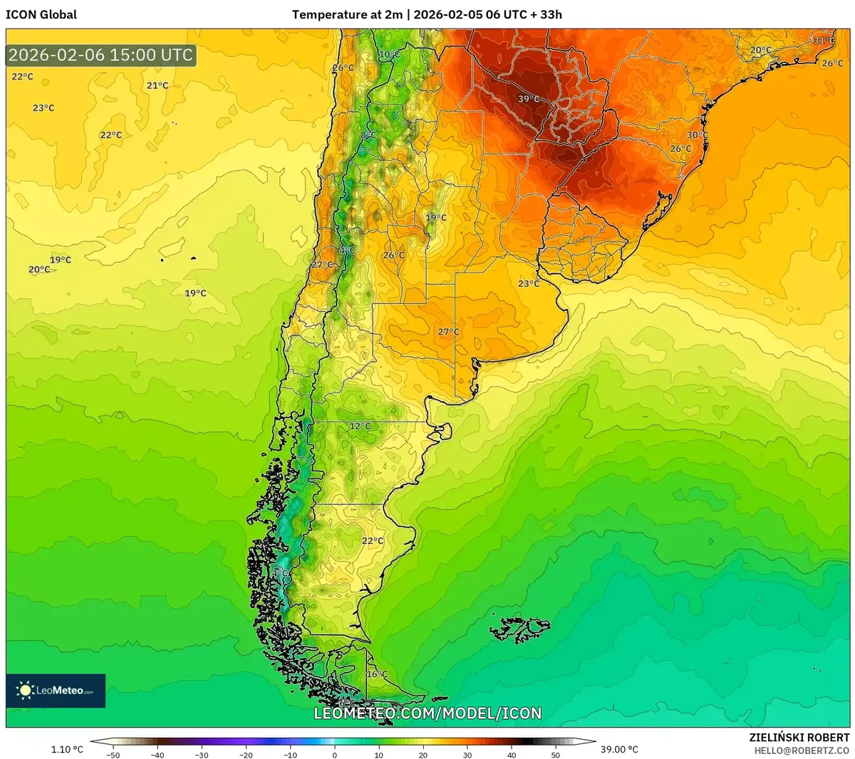 Temperaturas cálidas de la tarde con máximos en La Plata el 6 de febrero de 2026 (ICON)