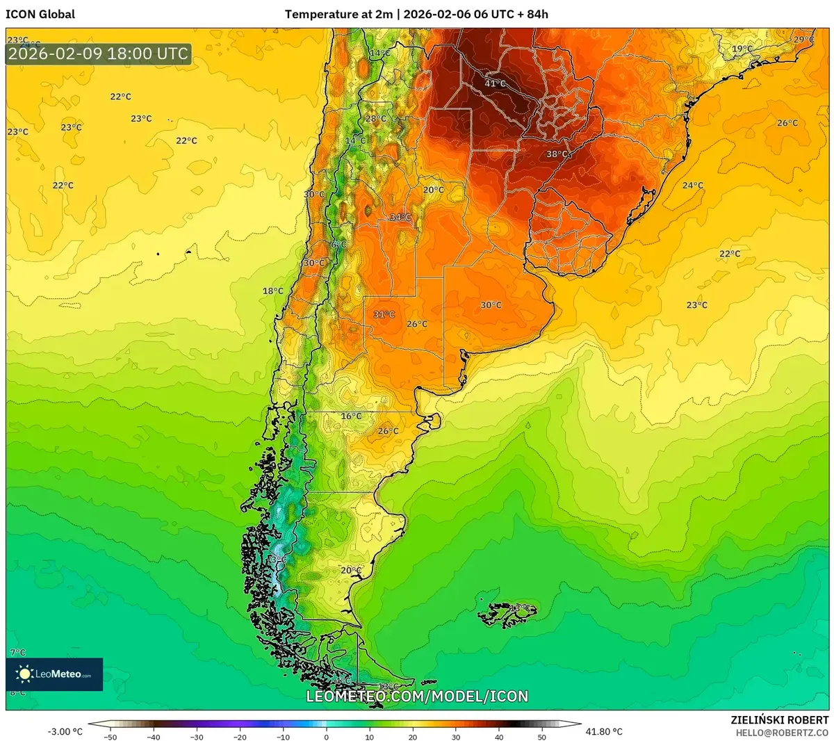 Temperaturas máximas en el norte de Argentina el 9 de febrero de 2026 (ICON)