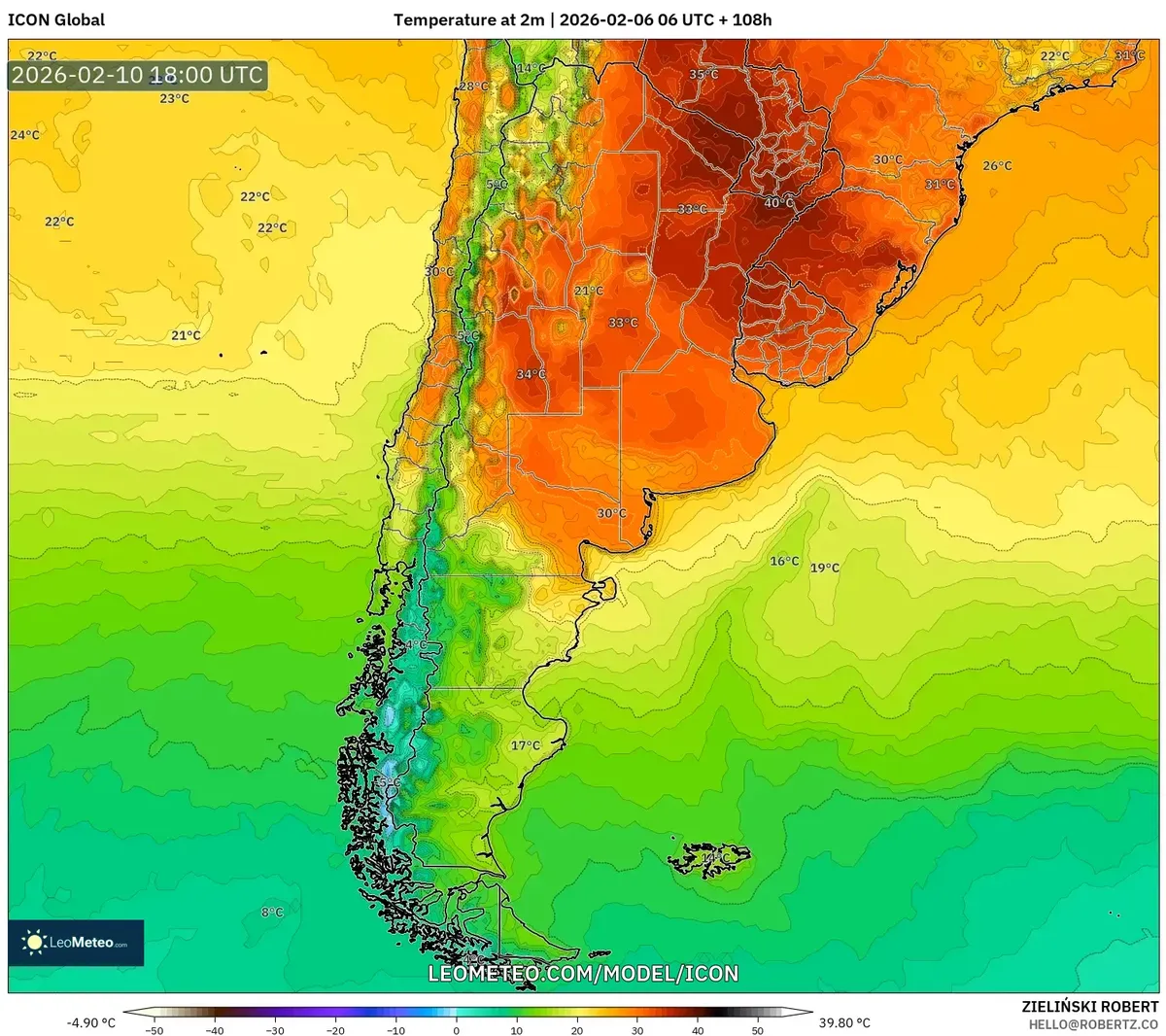 Calor extremo de 40°C en Rosario el 10 de febrero de 2026 (ICON)