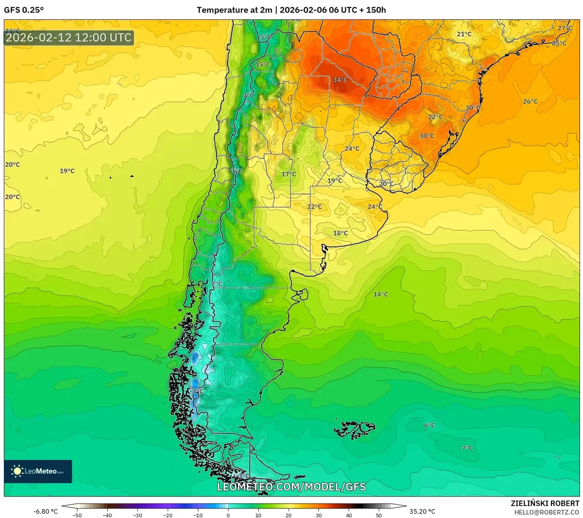 Altas temperaturas matinales en el centro de Argentina el 12 de febrero de 2026 (GFS)