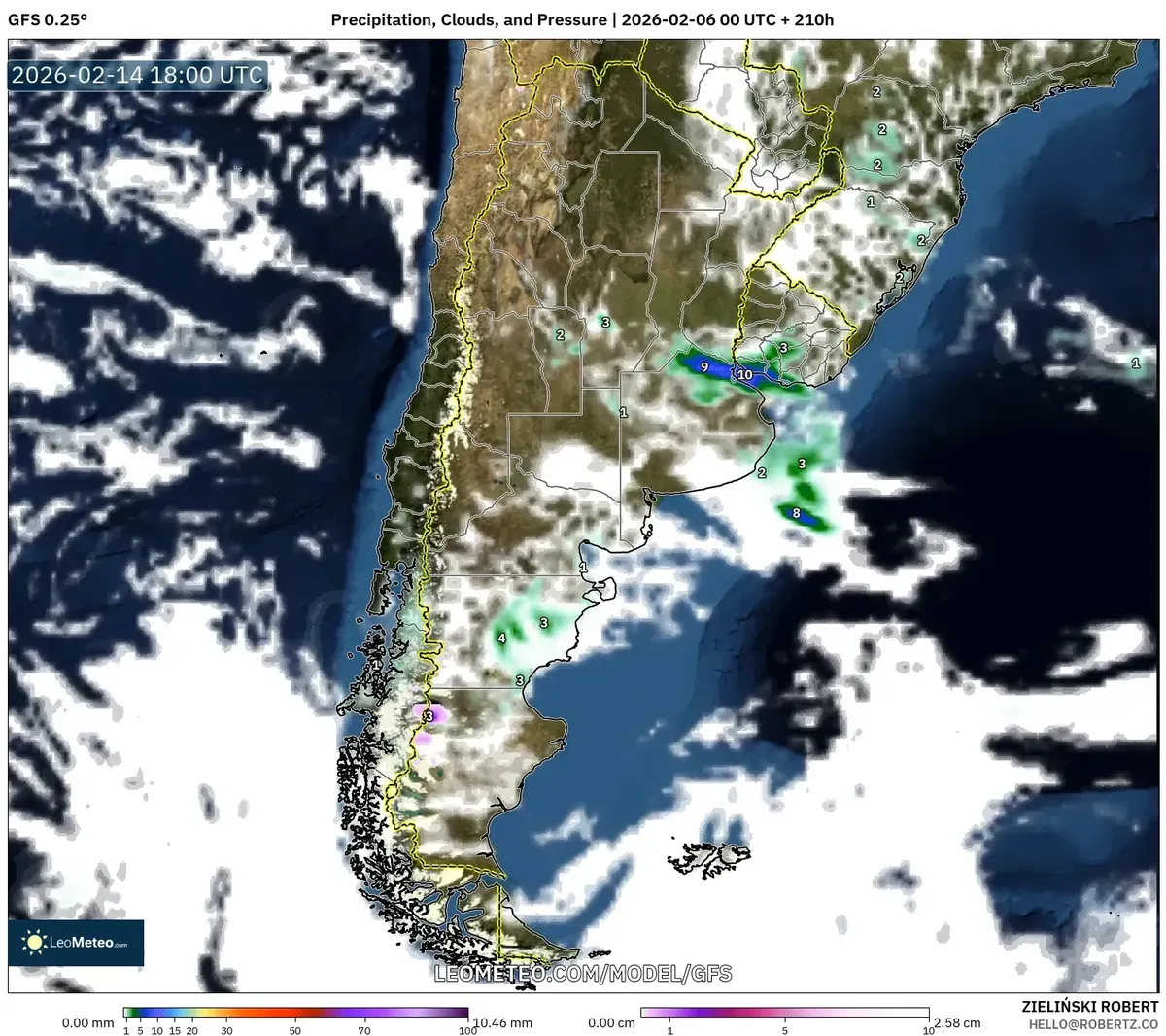 Lluvias intensas en la región de Buenos Aires el 14 de febrero de 2026 (GFS)