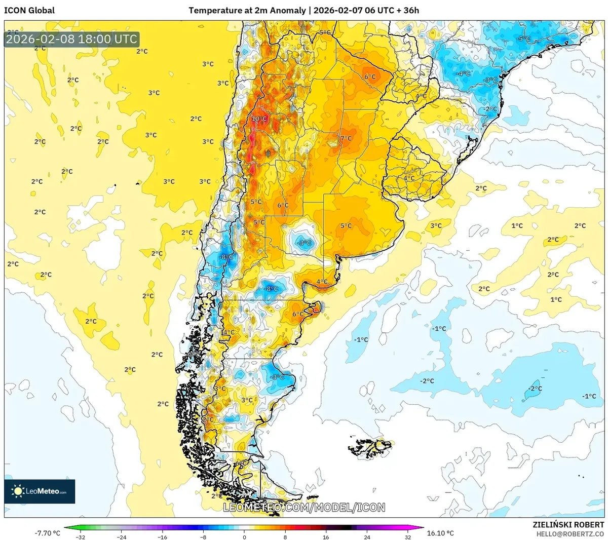 Anomalía de temperatura el 8 de febrero de 2026 (ICON)
