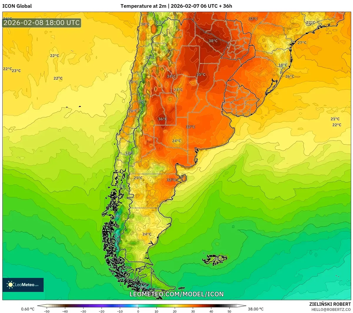 Temperatura máxima el 8 de febrero de 2026 (ICON)