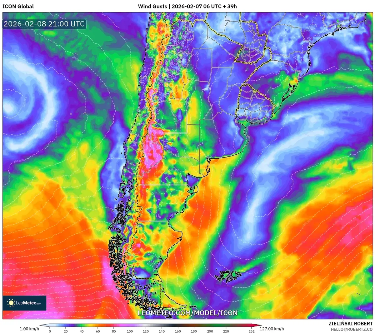 Ráfagas máximas de viento el 8 de febrero de 2026 (ICON)