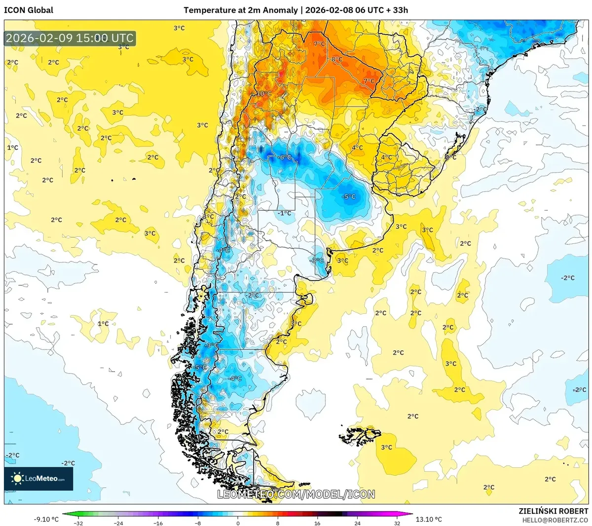 Patrones de temperatura matinal para el 9 de febrero de 2026 (ICON)