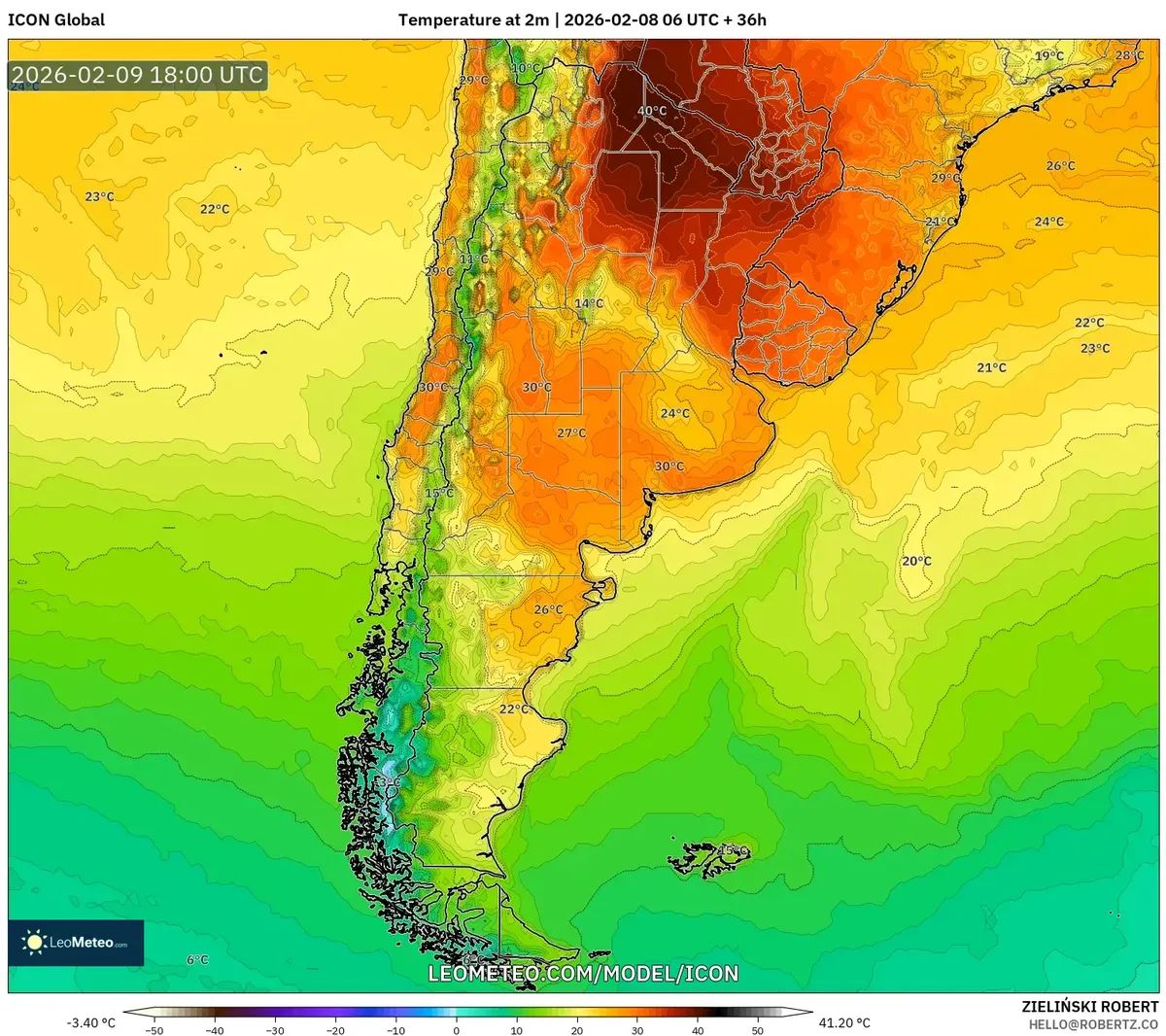 Pico de calor vespertino el 9 de febrero de 2026 (ICON)