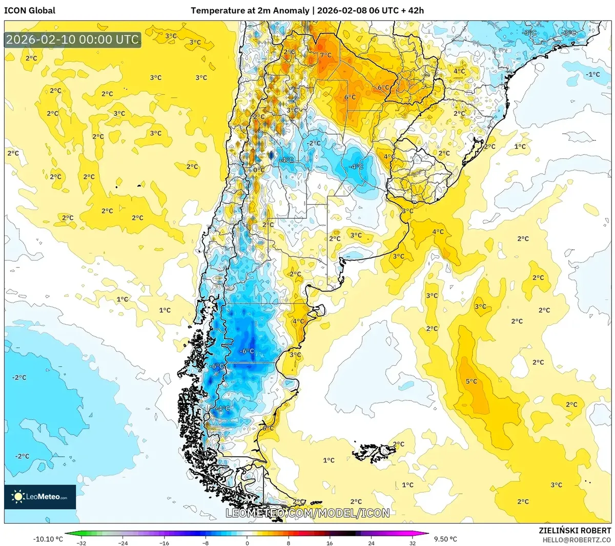 Anomalías de temperatura nocturna el 9 de febrero de 2026 (ICON)