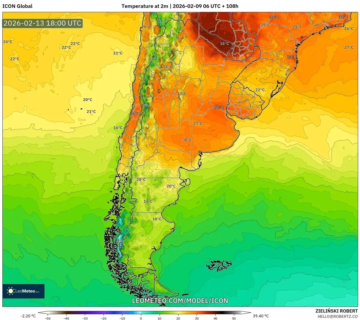 Pico de calor en el centro de Argentina el 13 de febrero de 2026