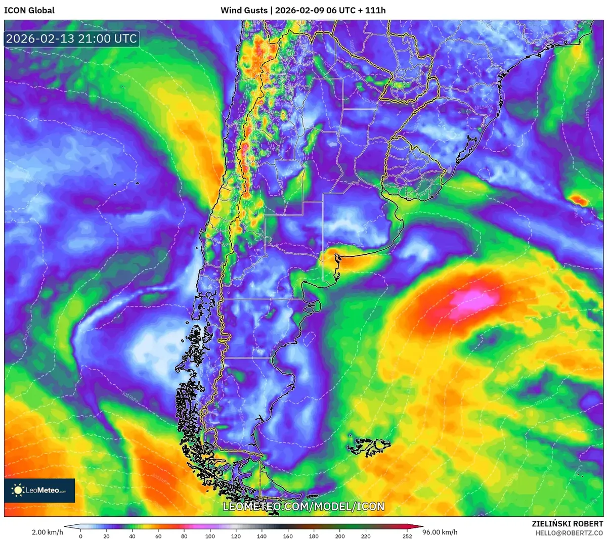 Fuertes vientos del sur sobre la costa argentina el 13 de febrero de 2026