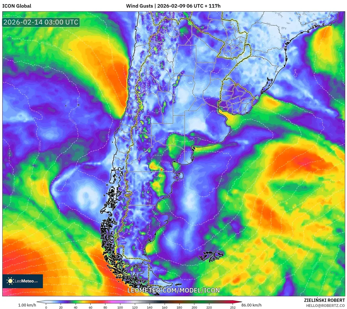 Fuertes vientos sobre la costa argentina el 14 de febrero de 2026