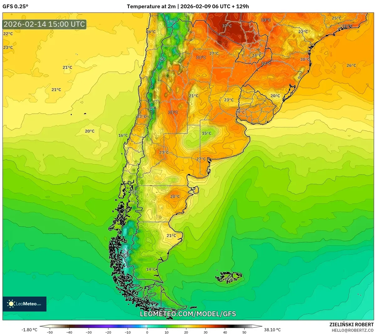 Pico de temperaturas cálidas en el centro de Argentina el 14 de febrero de 2026