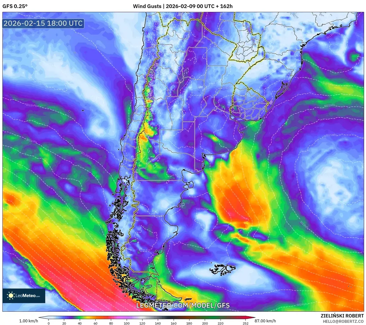 Ráfagas de viento vespertinas en Argentina el 15 de febrero de 2026
