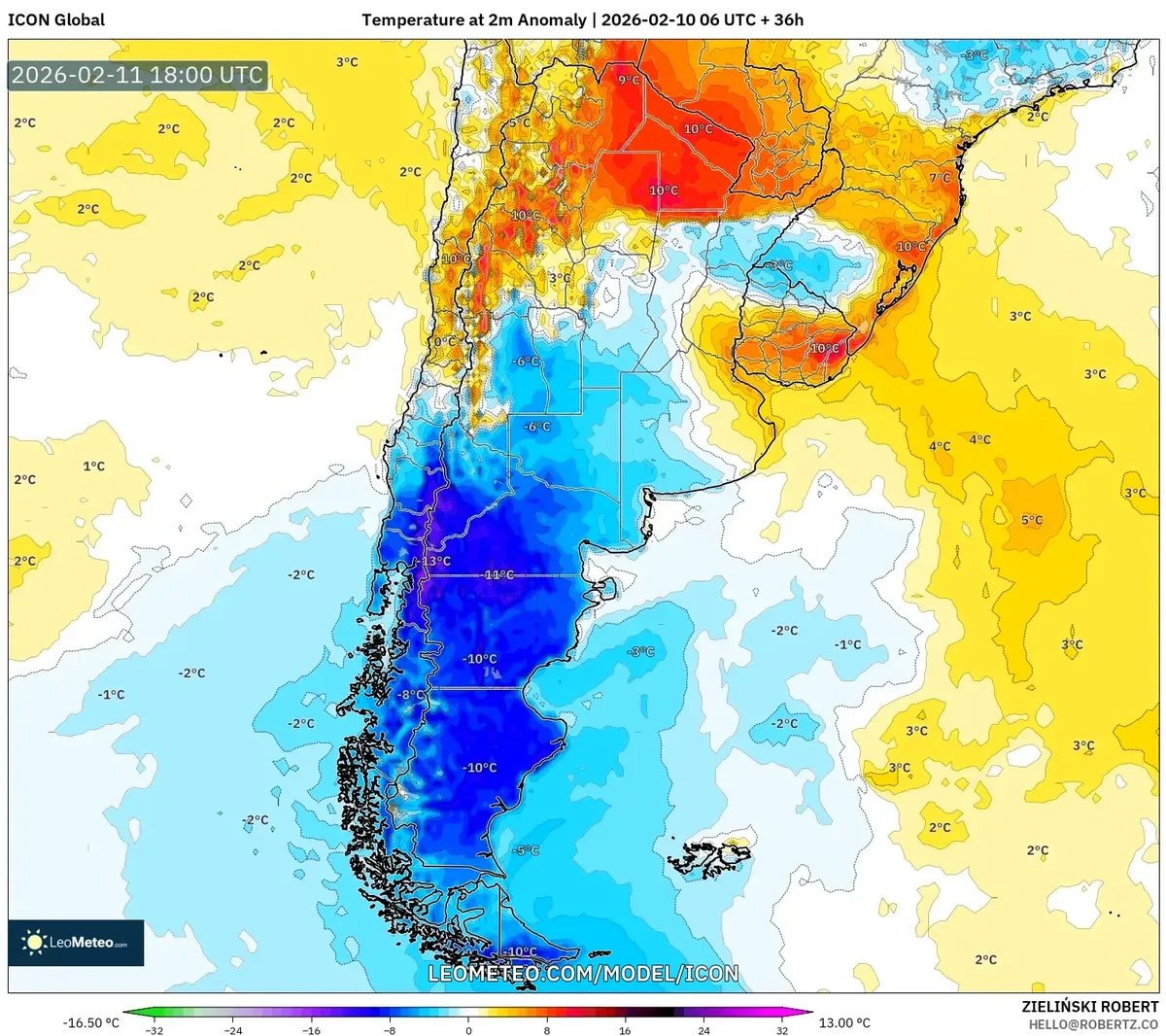 Anomalía de temperatura el 11 de febrero de 2026 (ICON)