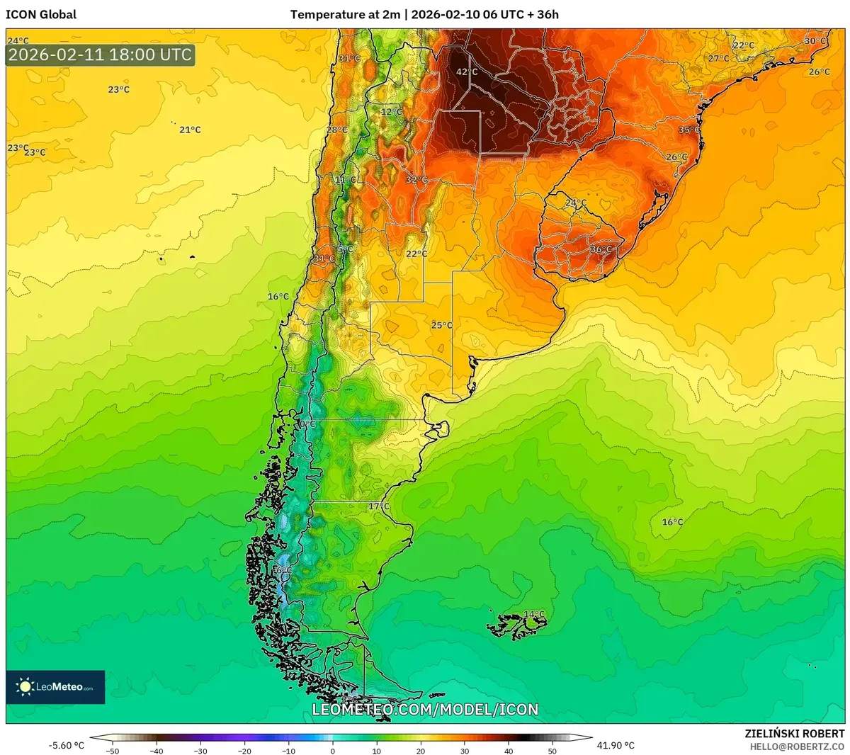 Pico de calor en el centro de Argentina el 11 de febrero de 2026 (ICON)